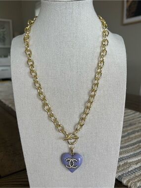 Upcycled Authentic Stamped A25V Chanel Crystal CC Heart Charm on 14K GP Necklace